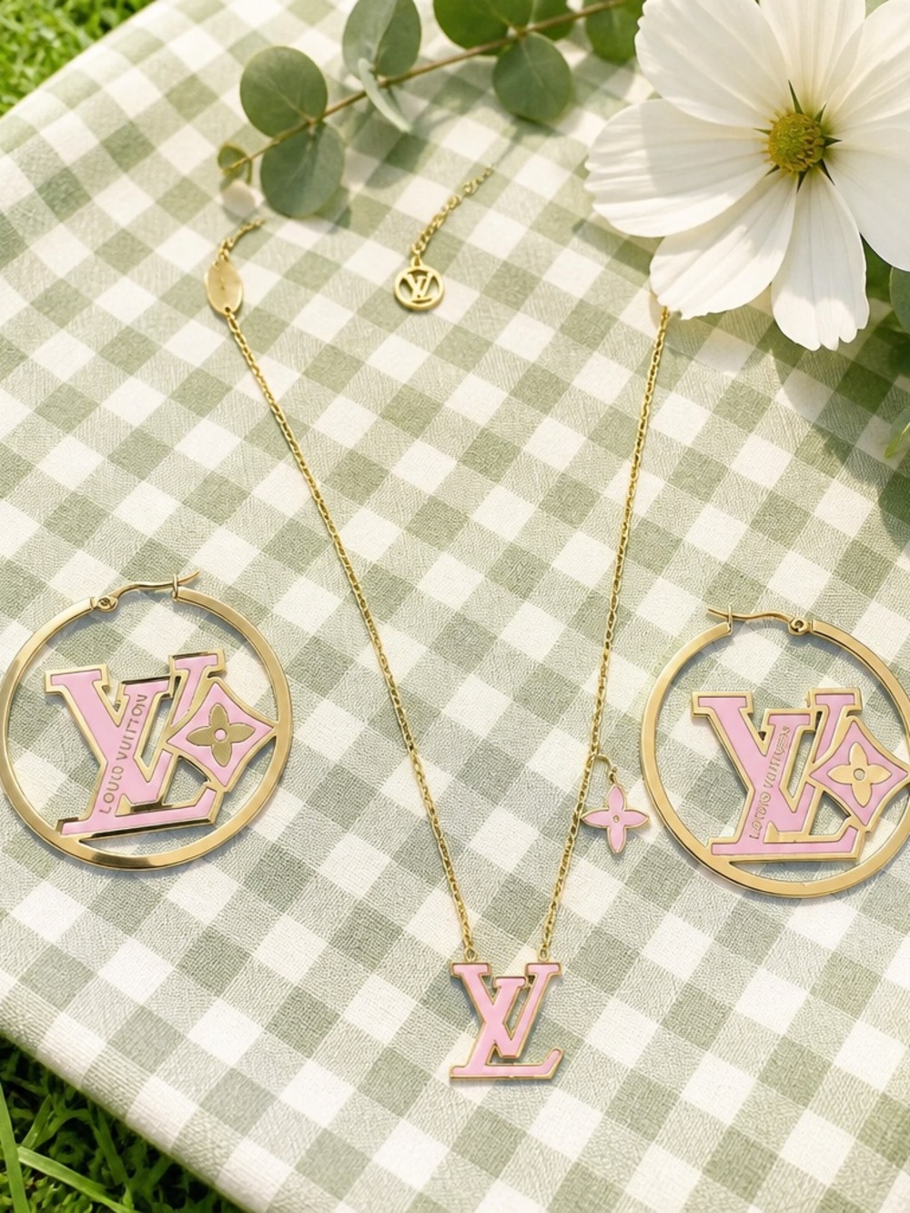 Pink & GoldPendant Necklace with Matching Hoop Charm Earrings - Picture 4 of 14